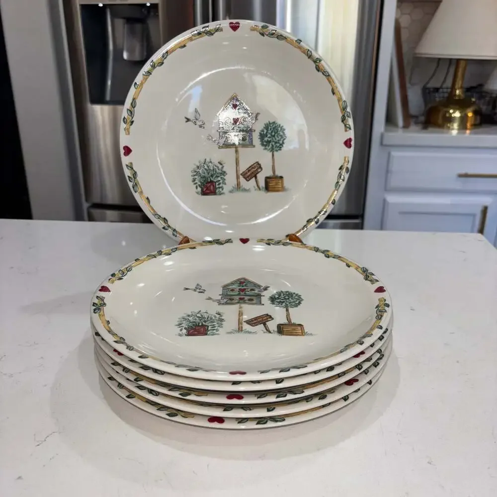 Thomson Pottery Birdhouse Pattern Dinner Plates 10.25” (6)
